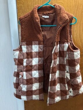 Maurices Rust & Cream Plaid Sherpa-Lined Vest